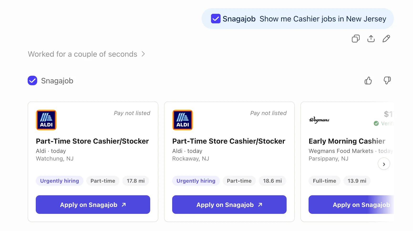 A ChatGPT chat using the Snagajob plugin, returning real job cards with Apply on Snagajob buttons