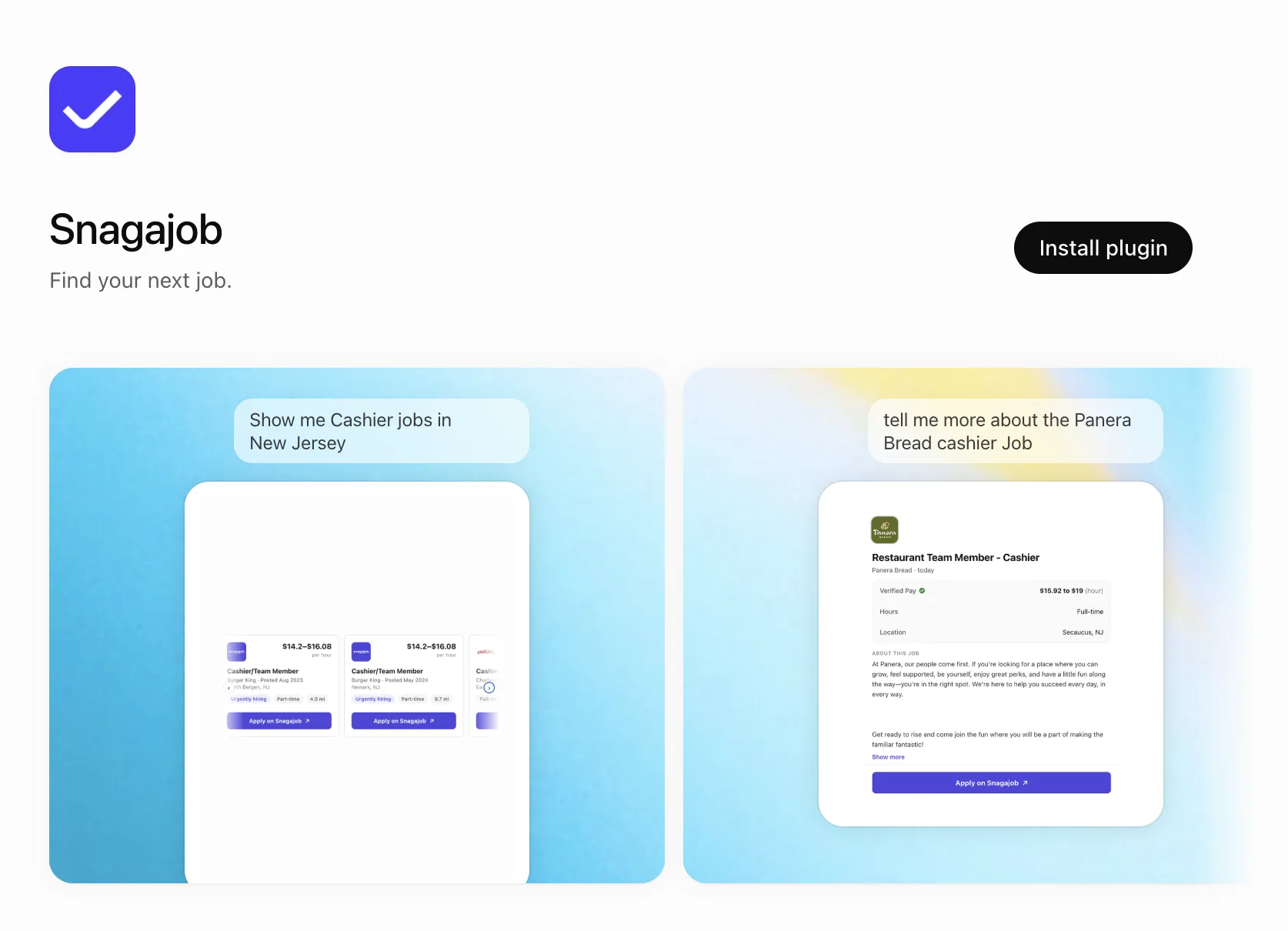 The Snagajob plugin page in ChatGPT with the Install plugin button