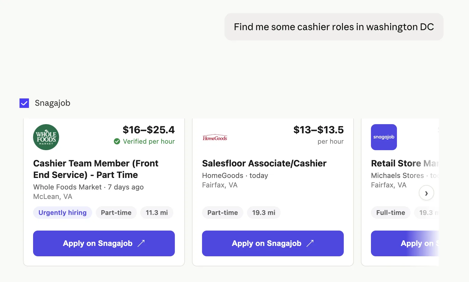 A Claude chat returning real Snagajob job results