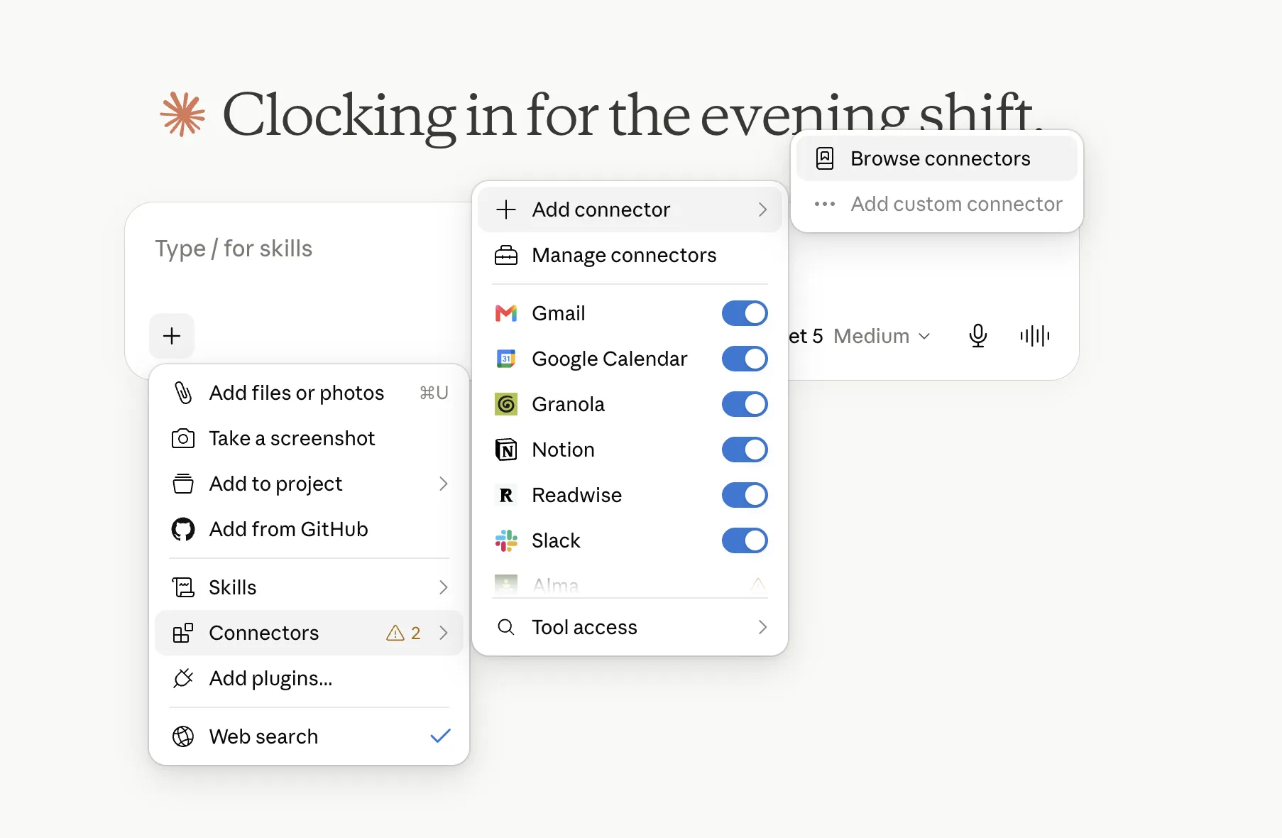 The + menu in a Claude chat showing Add connector, Manage connectors, and Browse connectors